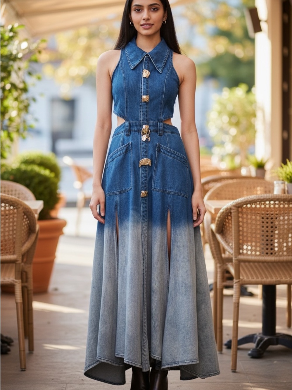 Ombre Halter Denim Maxi Dress in Blue and Gray